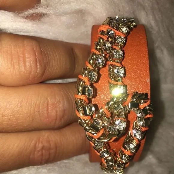 NWOT YIK FUNG ORANGE LEATHER RHINESTONE BRACELET - Picture 2 of 6